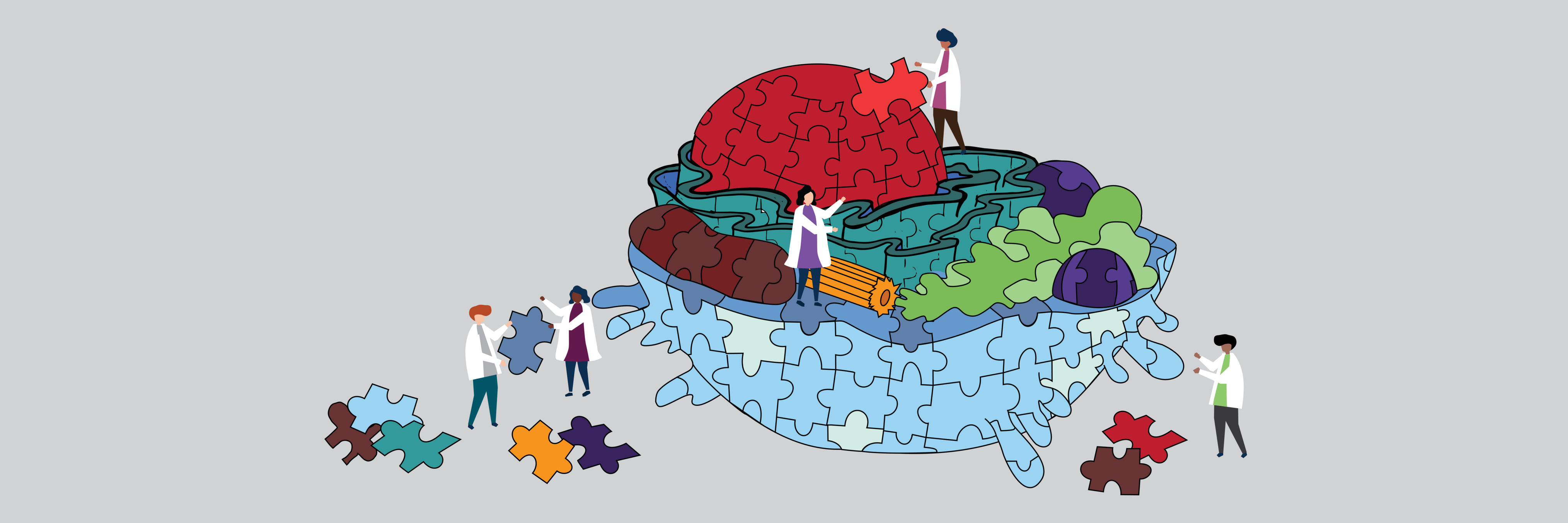 Cartoon of scientists studying a cell as a jigsaw puzzle